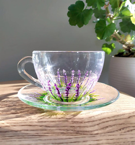 Set <span class=keywords><strong>Tazza</strong></span> e Piattino in Vetro con Motivo Floreale alla Lavanda, Regalo Personalizzato con Fiori di Lavanda - Product Image 2