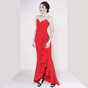 Femmes Sexy Hors Épaule Volants Sirène Longue Robe De Soirée Rouge Élégant Bal De Mariage Robe Maxi - Product Image 2