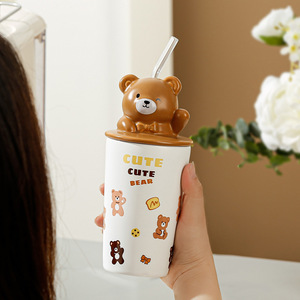 Creatieve schattige knuffelbeer keramische mok met hoge kwaliteit en deksel, meisjeshart koffiemok, verjaardagscadeau - Product Image 3