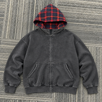 Sweat à capuche zippé surdimensionné pour homme, gris anthracite à carreaux, épaules tombantes, style streetwear vintage, personnalisable avec logo, vente en gros