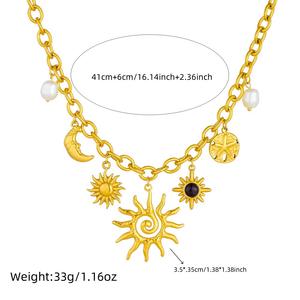 Collar con Colgante de Sol y Luna en Acero Inoxidable Chapado en Oro con Perla de Agua Dulce y Cadena de Ondas - Regalo Romántico - Product Image 4