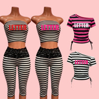 Conjunto de 2 Piezas de Ropa Urbana de Verano 2026, Top Estampado a Rayas, Pantalones Cortos Capri de Cintura Alta con Encaje, Atuendos Casuales Elegantes