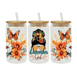 Bouteille en verre ambré ronde de 16 oz pour une jolie célébration automnale, exprimez votre amour pour l'automne avec des autocollants de transfert UV DTF pour porte-clés - Product Image 2