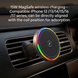 <span class=keywords><strong>Chargeur</strong></span> de voiture sans fil universel 15W à charge rapide avec lumière RGB, support magnétique puissant, installation sur grille d'aération, lots en gros - Product Image 2