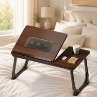 Bureau d'ordinateur portable pliable avec double ventilateur de refroidissement, plateau en bois, cadre métallique, 5 niveaux de hauteur réglables, table pour lit ou canapé pour le télétravail