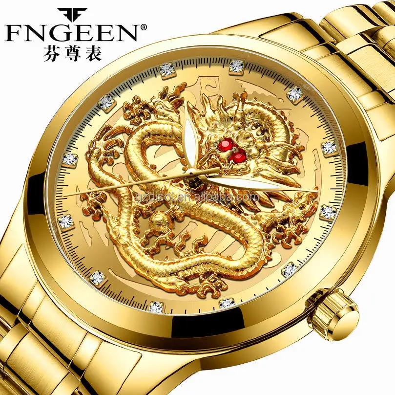 Relógio mecânico fngeen estilo, relógio mecânico automático amantes de marca com um dragão de ouro