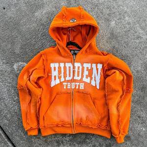 Écusson personnalisé lourd Applique Vintage Stone Washed Distressed Tech Fleece Rhinestone Hoodies pour hommes - Product Image 3