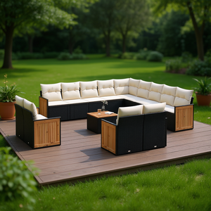 Conjunto de Sofás de Jardín de Ratán Negro para 10 Personas, Muebles de Exterior con Detalles de Madera de Teca, Diseño Contemporáneo, Resistente a la Intemperie - Product Image 2