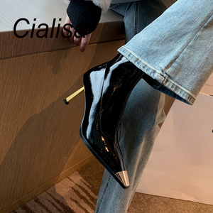 Cialisa – bottines en cuir extensible verni pour femme, chaussures à talons hauts, blanc, noir, taille Plus 42 - Product Image 1