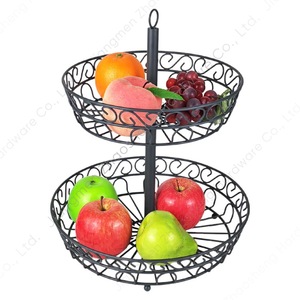 Double Layer Fruit Basket Grey Wrought Iron Round <b>Standing</b> Type Durable Kitchen Storage Basket For Home Use - Product Image 5