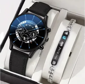 クラシックスタイルのクールな男性ビジネス腕時計2個セットシルバーブレスレットセットを持つ男性のための革ベルトスポーツ時計