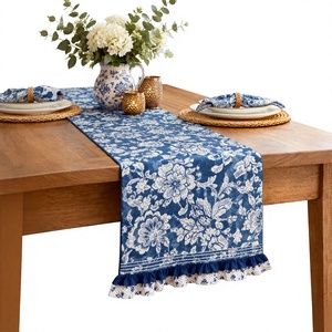 Chemin de table en coton floral vintage durable et personnalisable, fabriqué à la machine |   Nappe en lin bleu pour la décoration de table en gros - Product Image 6