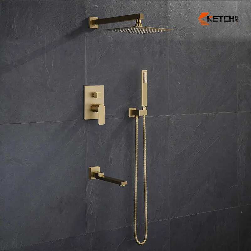 Hotel Bathroom Brushed Concealed 2 Way Rain Brass Bath Shower Set With Pressure Balance Valve Shower System