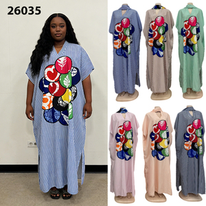 Nuovo Abito Musulmano da Donna a Righe Stampato, Manica Corta, Vestito Casual Largo - Product Image 1