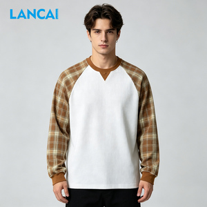 เสื้อยืดแขนยาวลายสก็อตสีสันตัดกันสำหรับผู้ชาย Lancai OEM Streetwear Thermals ผลิตจากผ้าวาฟเฟิลถักแบบหนาพิเศษ - Product Image 4