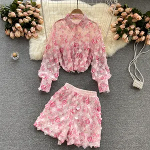 Women's Summer Suit Long Sleeved Flower Sweet Shirt Wide Leg Shorts Summer Clothes Female 2 Piece Outfits Short Set