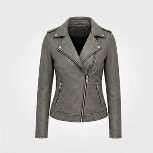 Premium Quality Women's Gray <b>Leather</b> Moto <b>Jacket</b> Full Sleeve Zipper Closure Stand Collar Autumn Style - Product Image 1