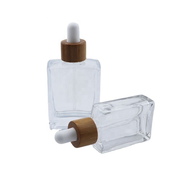 30ml 50ml 100ml square rectangle clear glass oil bottles with wooden bamboo lid cap dropper