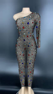Tuta monospalla con strass, sexy, attillata, per discoteca - Product Image 2