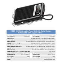 Batterie externe pour ordinateur portable PD 100W à charge rapide, 20000mAh, grande capacité, ABS, câble intégré, affichage numérique, alimentation portable