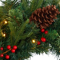 KagaJo Karangan Bunga Natal Pinus Buatan 24 Inci dengan Lampu LED Desain Modern Cabang Evergreen Realistis untuk Dekorasi