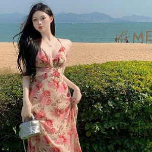 French Style Floral Chiffon Dress High Waisted Halter Neck Backless Slit Vacation Beach Cover Up - Product Image 2