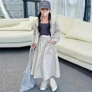 2024 Fashion Children Teenager Girl Spring Gray Zipper Think Jacket + Long Skirt 2 pcs Solid Long Set 5-15 Years
