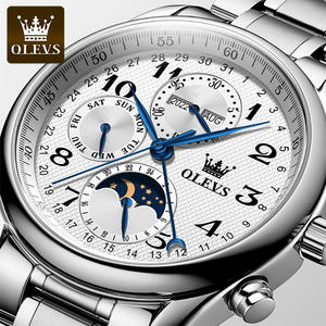 OLEVS-<span class=keywords><strong>Montre</strong></span> mécanique pour homme en acier inoxydable, mouvement automatique, phase de lune, nouveau cadran en cuir tendance, 6667 - Product Image 1