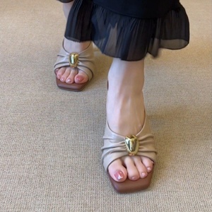 Summer PU leather French Fairy Style Elegant Gentle Fine Heel Women's Metal Buckle Pleated Open-<b>Toe</b> Slide Sandals - Product Image 2