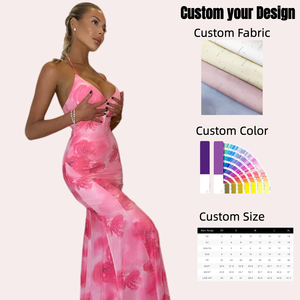 Robes d'été pour femmes roses à imprimé floral, dos nu sexy, bretelles fines, <span class=keywords><strong>robe</strong></span> longue de soirée pour femme, queue de poisson - Product Image 1