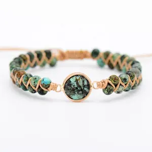 Yoga Handmade Braided Double Layers Bangle 4mm Natural African Turquoise Stone Beaded Wrap Charm Bracelets