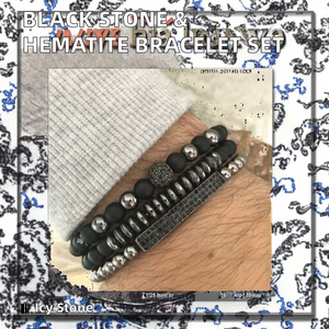 Bracelets tendance style occidental en perles d'hématite noire givrée, avec breloques en zircone cubique, couronne et tête de lion, lot de 3 - Product Image 3