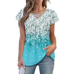 2025 blusas de lino con cuello en V para mujer, Túnica de verano con cuello de lazo, blusas holgadas informales, talla XL - Product Image 1