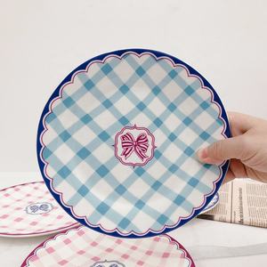 Ins coréen petite assiette occidentale en céramique créative fraîche Plaid Bow assiette épaisse gâteau Dessert assiette de petit déjeuner - Product Image 4