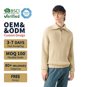 Pull en maille gaufrée pour homme personnalisé, col montant zippé, couleur <span class=keywords><strong>crème</strong></span> ivoire, texture épaisse, confortable et décontracté - Product Image 1