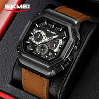 Montres à quartz pour hommes de luxe avec logo personnalisé OEM, boîtier octogonal, design unique, grand cadran, montre en cuir véritable Skmei 2518 en gros