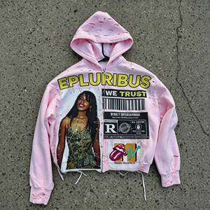 Veste zippée rose personnalisée pour homme, motif <span class=keywords><strong>montage</strong></span> <span class=keywords><strong>photo</strong></span>, collage de broches de sécurité, effet vieilli, style punk rebelle, streetwear Y2K, en coton épais - Product Image 1