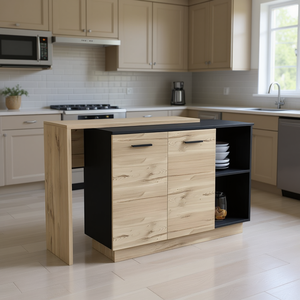 Sicilia <b>Kitchen</b> Island Black Light Oak Double Door Cabinets 3 <b>Shelves</b> Modern Design - Product Image 2