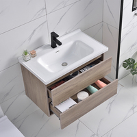Meuble-lavabo de salle de bain moderne de 32 pouces, style ferme, en contreplaqué, avec vasque en céramique, à fixation murale, tiroirs à fermeture douce, résistant à l'eau