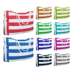 Bolsa de Playa Reutilizable Ecológica a Rayas con Bolsillo Lateral, Bolsa de Hombro de Lona Impermeable de Gran Capacidad - Product Image 5