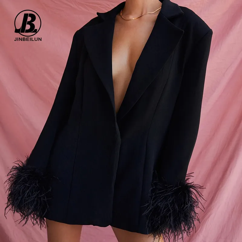 JBeiL 2022 Trending New Women Blazers Black Feather Wide Collar Oversized Suit Blazer Ladies Suits Office Formal Women's Suits