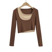 TKAN626 haute qualité Sexy court à manches longues t-shirts femmes Double couche couleur bloc haut court femmes à manches longues T-Shirt