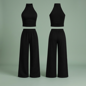 Conjunto de Dos Piezas Personalizado para Mujer, Cuello en V, Texturizado Negro, Impermeable, de Forro Polar, para Descansar / Conjunto Casual de Verano - Product Image 3