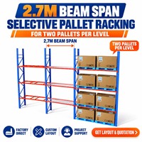 Rak Pallet Selektif Bentangan Balok 2,7m untuk Dua Pallet Per Tingkat