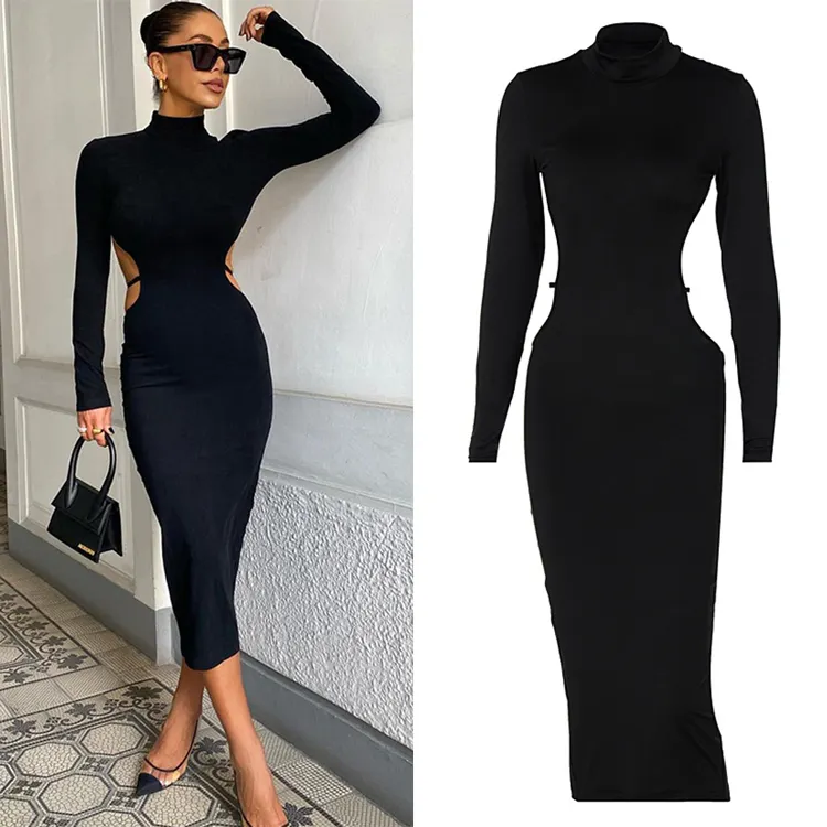 Spring 2023 Women Clothes Turtleneck Hollow Out Robes Femmes Sexy Backless Sexy Long Sleeve Black Midi Woman Fall Dress