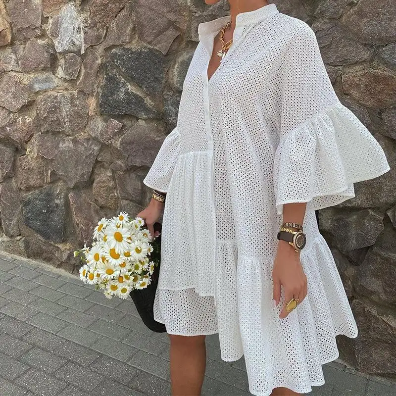 2021 Summer lace stand-up collar loose women dress hollow out ladies dress