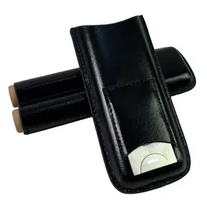 Leather 2 Cigar Case With Stainless Guillotine Cutter