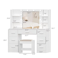 Table de toilette moderne blanche à 7 tiroirs avec miroir et éclairage, commode de rangement en bois, mobilier de chambre à coucher (OEM/ODM)