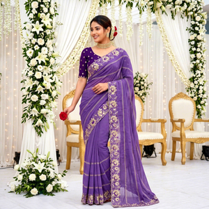 Blusa de Sari de Seda Bordada en Morado, Tradicional India y Pakistaní, para Mujer, Larga hasta el Suelo, Corte Regular, Sin Arrugas, Protección Solar - Product Image 1