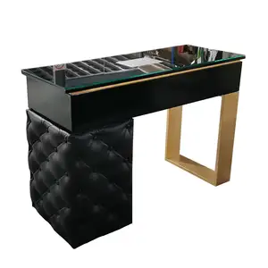 Luxury Beauty Black Pu Tufted Leather Glass Top Nail Salon Marble Saloon Manicure Nail Desk Table